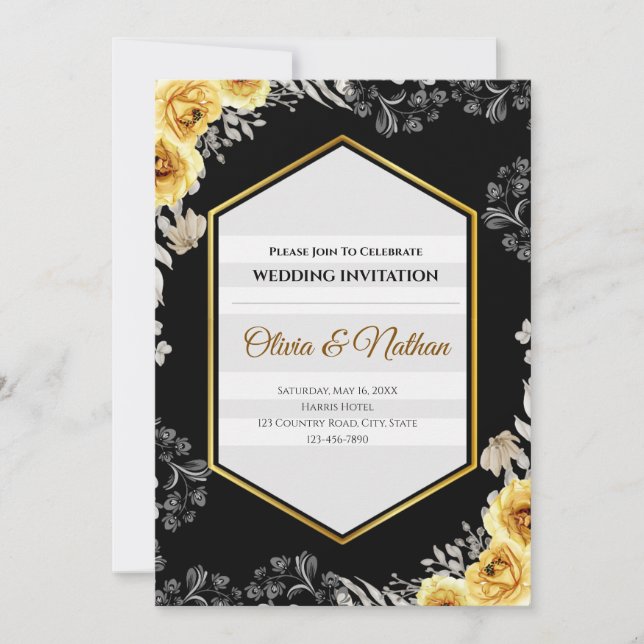 Convite de Casamento Preto Gótico e Amarelo Mostar (Frente)