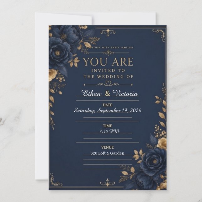 Convite de Casamento Preto Luxuoso com Azul e Borg (Frente)