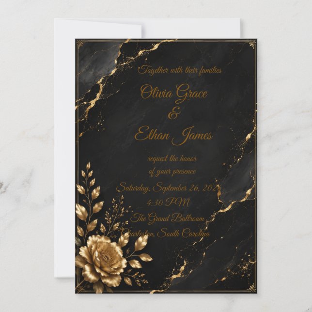 Convite de Casamento Preto Mármore e Dourado de Lu (Frente)