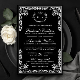 Convite de Casamento Preto Orçado Antigo e Ornamen