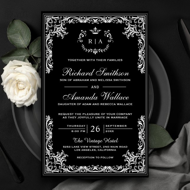 Convite de Casamento Preto Orçado Antigo e Ornamen (Criador carregado)