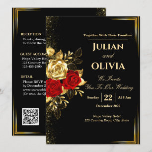 Convite de Casamento Preto Ouro e Rosa Vermelha de