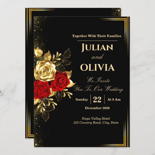 Convite de Casamento Preto Ouro e Rosa Vermelha de (Frente/Verso)