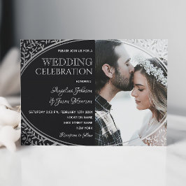 Convite de Casamento Preto Prateado Elegante com F