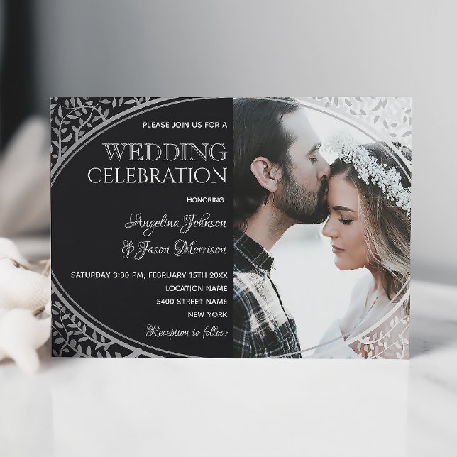 Convite de Casamento Preto Prateado Elegante com F (Criador carregado)