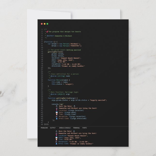 Convite de Casamento Preto Programador Desenvolved (Frente)