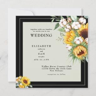Convite de Casamento Preto Quadrado Boho Girassóis