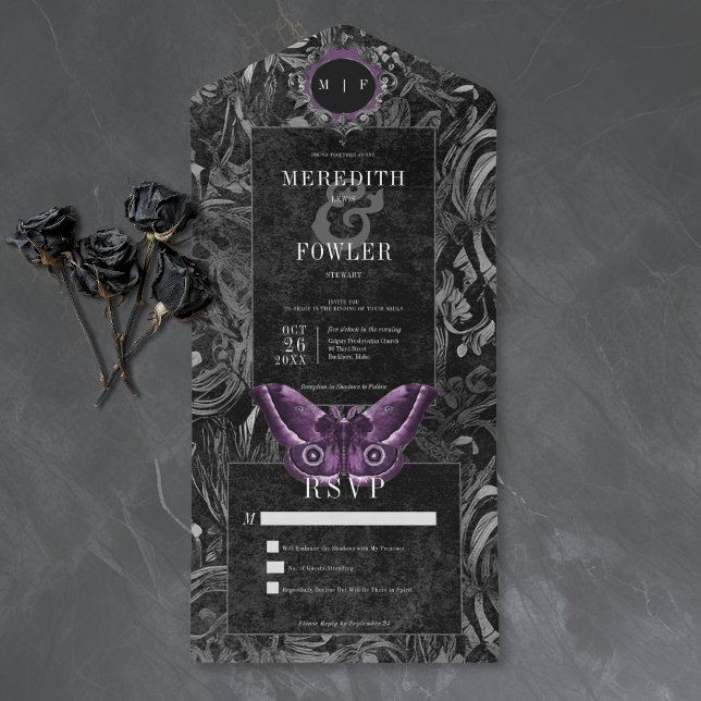 Convite de Casamento Preto Roxo com Filigrana de M (Criador carregado)