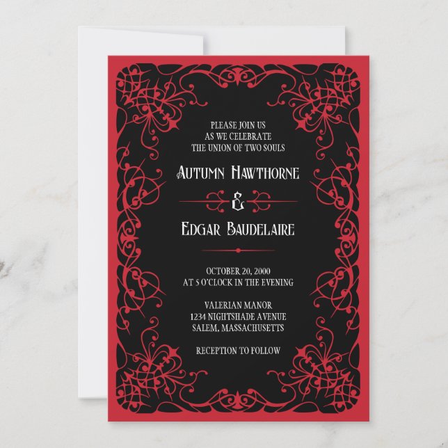 Convite de Casamento Preto Vermelho Gótico Vitoria (Frente)