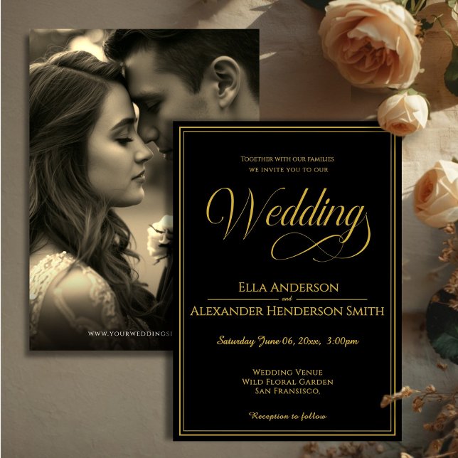 Convite de Casamento Preto Vintage em Foto (Cinematic Photo Vintage Black Wedding Invitation)