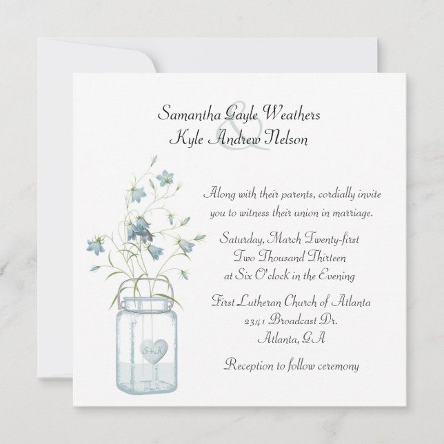 Convite de Casamento Pretty Blue Bells & Mason Jar (Frente)
