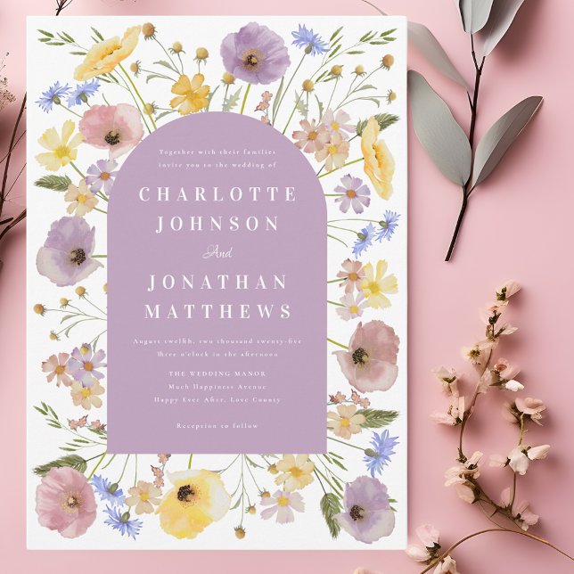 Convite de Casamento Primavera Arco de Flores Selv (Boho chic wildflower spring wedding invitation with purple pink yellow watercolor florals)