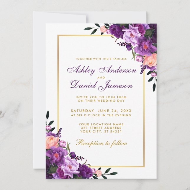 Convite de casamento PS Dourado Floral Ultra Viole (Frente)