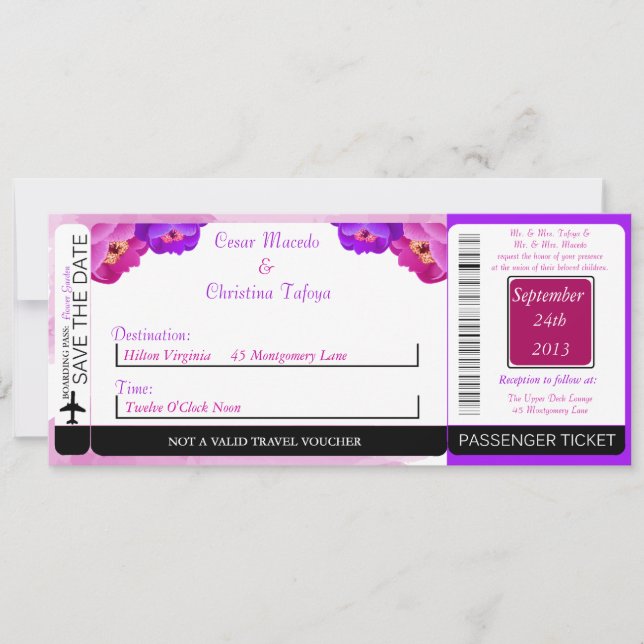 Convite De Casamento Púrpura/Rosa, Embarcado De Pe (Frente)