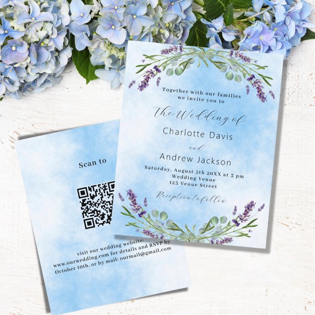 Convite de casamento QR azul violeta lavanda (Criador carregado)