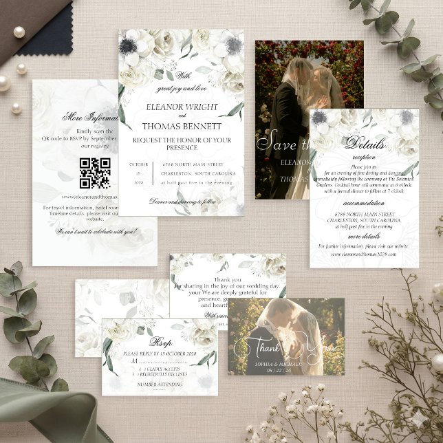Convite de Casamento QR Code com Flores Brancas El (Criador carregado)