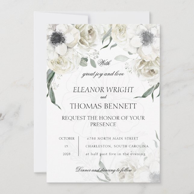 Convite de Casamento QR Code com Flores Brancas El (Frente)