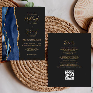 Convite de Casamento QR Code Escuro Dourado Azul N