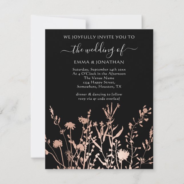 Convite de casamento QR CODE Floral Prado Preto Br (Frente)