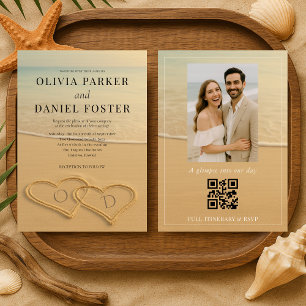 Convite de Casamento QR Code Foto Tropical Coraçõe