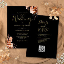 Convite de Casamento QR Code Outono Preto e Dourad