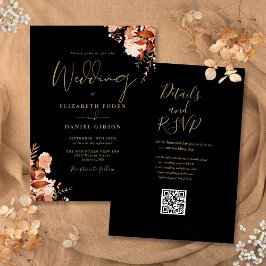 Convite de Casamento QR Code Outono Preto e Dourad