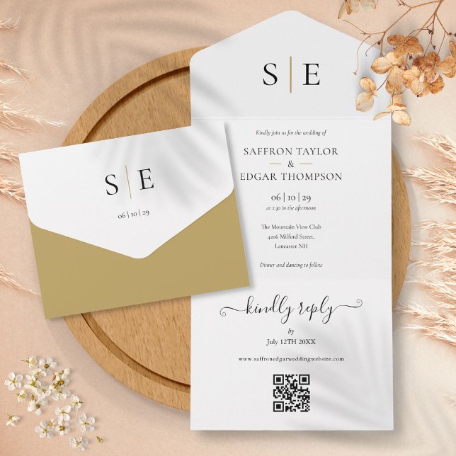Convite de Casamento QR Code Preto Dourado Elegant (Monogram Elegant Gold Black QR Code Wedding All In One Invitation)