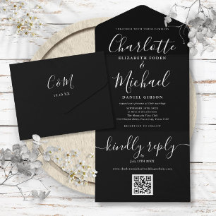 Convite de Casamento QR Code Preto e Branco com Le