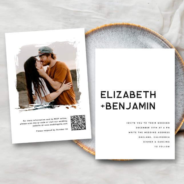 Convite de Casamento QR Code Preto e Branco com RS (Criador carregado)