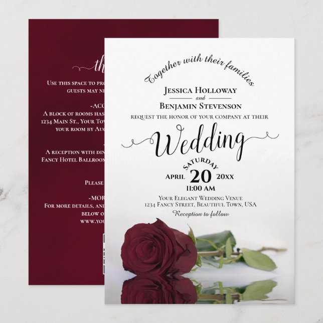 Convite de Casamento QR Code Rosa Burgundy Caligra (Frente/Verso)