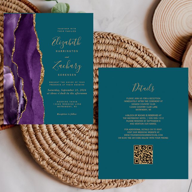 Convite de Casamento QR Code Roxo Ágata Dourada Tu (Criador carregado)