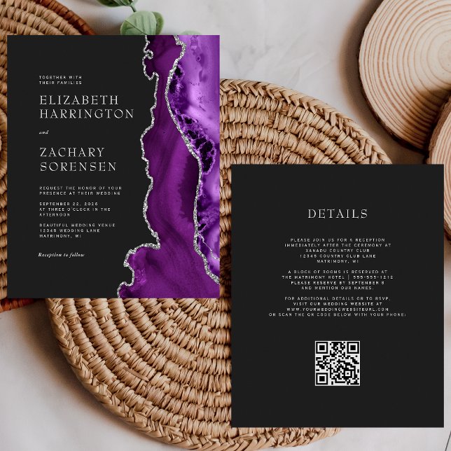Convite de Casamento QR Code Roxo Escuro Prata Orç (Criador carregado)