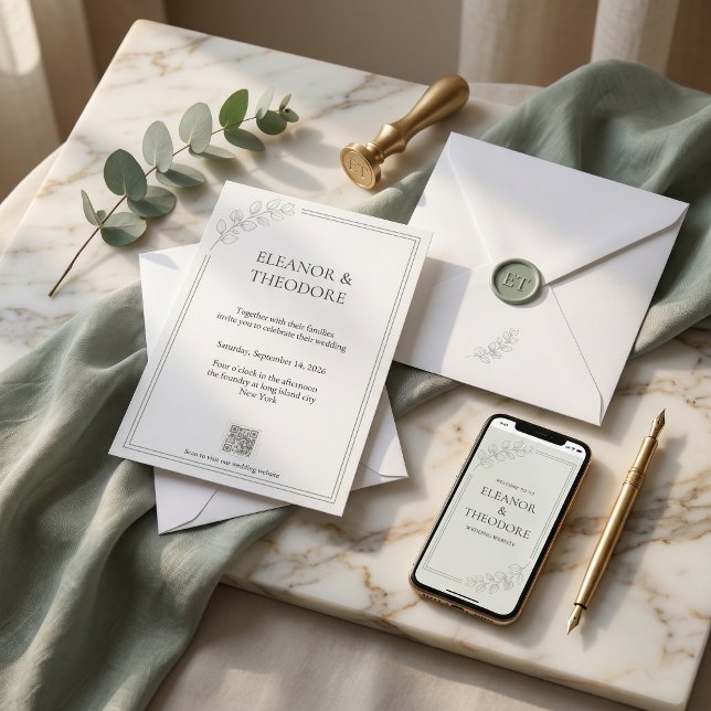 Convite de Casamento QR Code Sage Green Quiet Luxu (Sage Green Quiet Luxury QR Code Wedding Invitation)