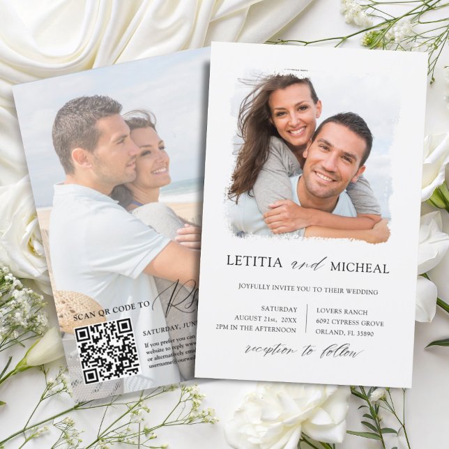 Convite de Casamento QR de Foto em Preto e Branco  (Criador carregado)