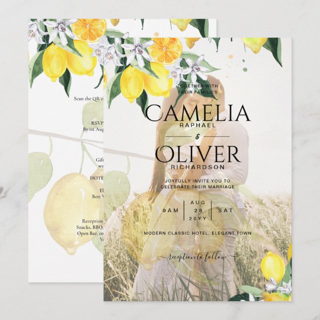 Convite de casamento QR de limões de OVERLAY FOTO  (Frente/Verso)