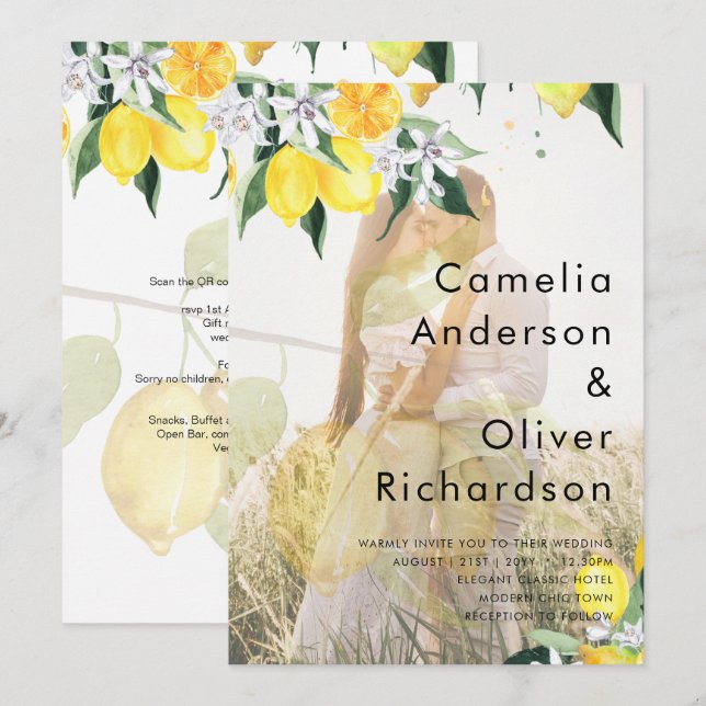 Convite de casamento QR de limões de OVERLAY FOTO  (Frente/Verso)