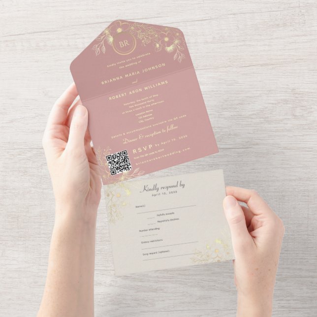 Convite de Casamento QR Dusty Rose Ivory All In On (Aba destacável)