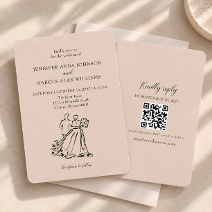 Convite de Casamento QR Esboço de Moda Noiva Noivo