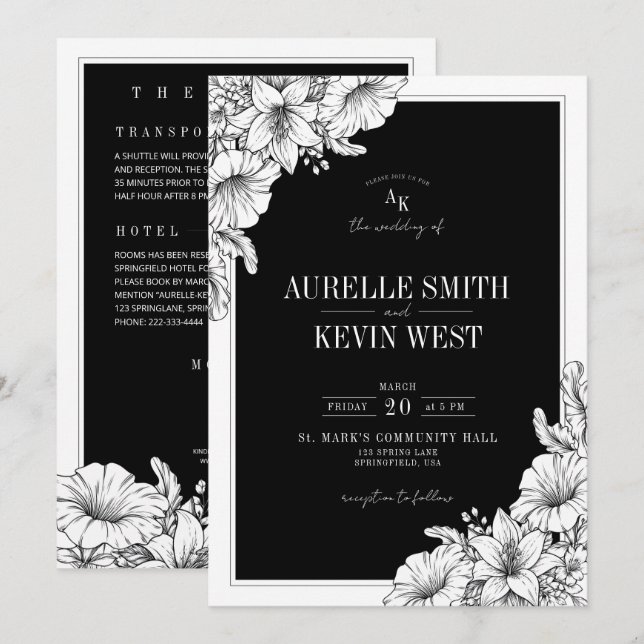 Convite de Casamento QR Floral Preto Branco Rústic (Frente/Verso)