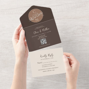 Convite de Casamento QR Foto de Casal em Marrom Mo