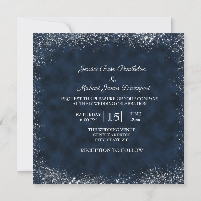 Convite de Casamento Quadrado Azul Marinho Branco  (Frente)