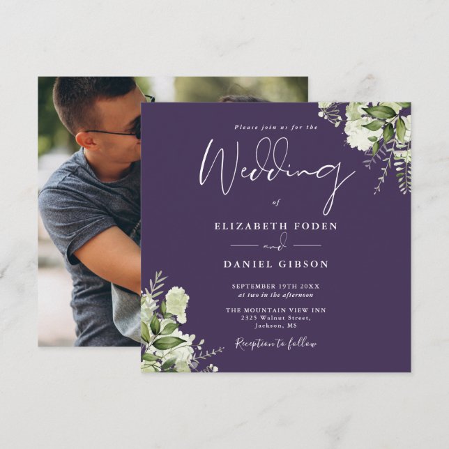 Convite de Casamento Quadrado com Foto Floral Roxa (Frente/Verso)