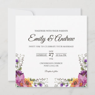 Convite de Casamento Quadrado Floral Aquarela Flor