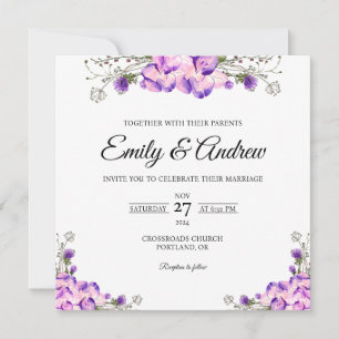 Convite de Casamento Quadrado Floral Aquarela Viol