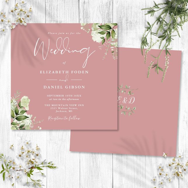 Convite de Casamento Quadrado Floral com Folhagem  (Dusty Rose Greenery Floral Monogram Square Wedding Invitation)