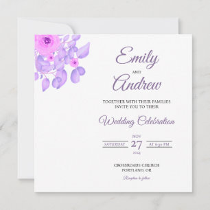 Convite de Casamento Quadrado Floral com Rosa Lilá