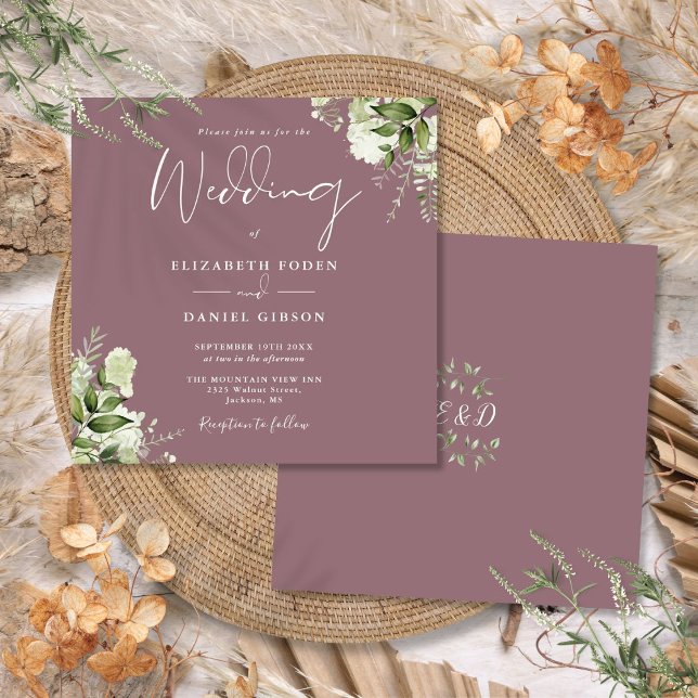 Convite de Casamento Quadrado Floral Monograma com (Mauve Greenery Floral Monogram Square Wedding Invitation)