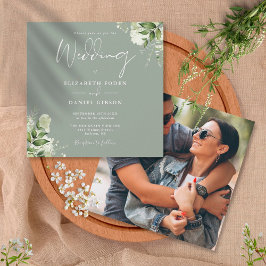 Convite de Casamento Quadrado Floral Verde Sálvia