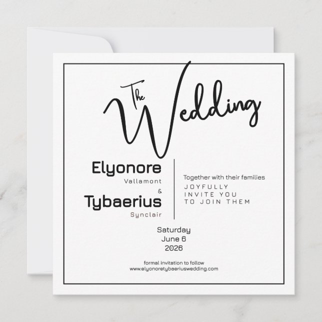 Convite de Casamento Quadrado Minimalista Preto e  (Frente)