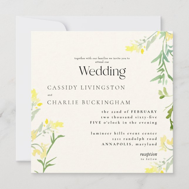 Convite de Casamento Quadrado Monograma com Flores (Frente)